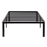 A black metal bed frame featuring slats, designed for support and style in a modern bedroom setting.